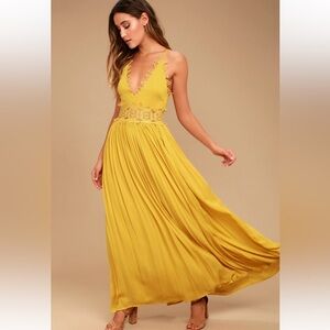 Lulu’s This is Love Mustard Yellow Lace Maxi Dress XS